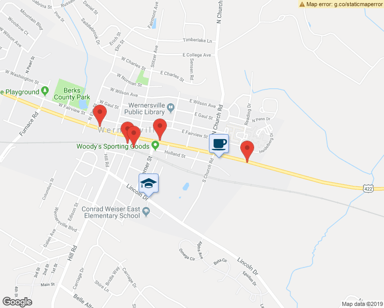 map of restaurants, bars, coffee shops, grocery stores, and more near 222 East Penn Avenue in Wernersville