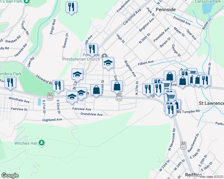 map of restaurants, bars, coffee shops, grocery stores, and more near 2535 Grant St in Reading
