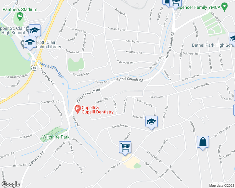 map of restaurants, bars, coffee shops, grocery stores, and more near 3239 Sylvan Road in Bethel Park