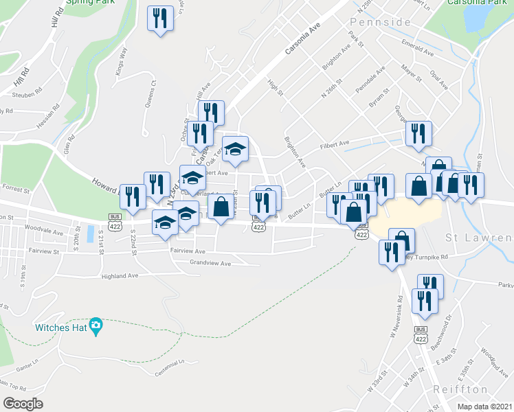 map of restaurants, bars, coffee shops, grocery stores, and more near 2535 Grant St in Reading