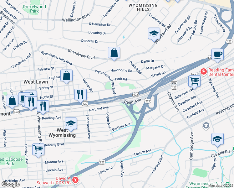 map of restaurants, bars, coffee shops, grocery stores, and more near 1 Wyomissing Hills Boulevard in Reading