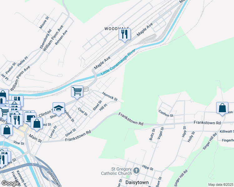 map of restaurants, bars, coffee shops, grocery stores, and more near 185 Horrocks Street in Johnstown