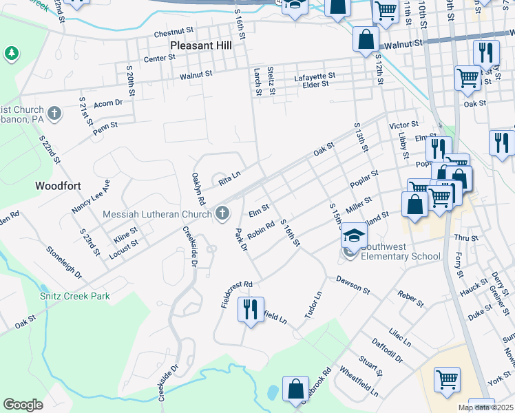 map of restaurants, bars, coffee shops, grocery stores, and more near 1617 Elm Street in Lebanon