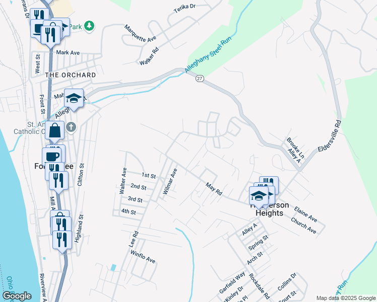 map of restaurants, bars, coffee shops, grocery stores, and more near 117 Locust Lane in Follansbee