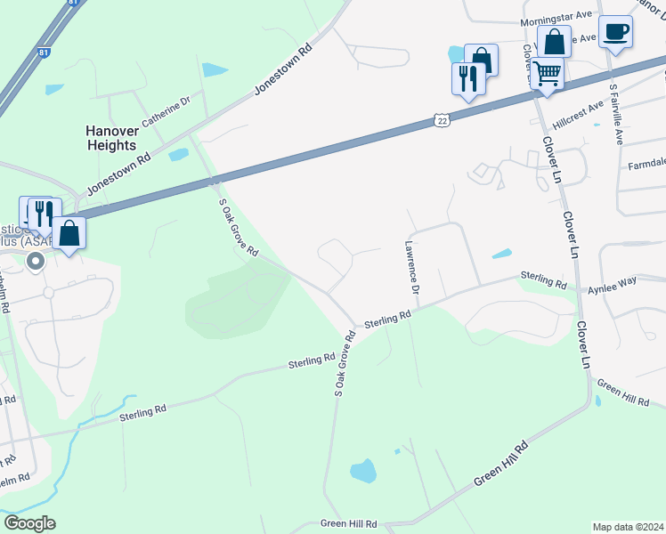 map of restaurants, bars, coffee shops, grocery stores, and more near 7250 White Oak Boulevard in Skyline View