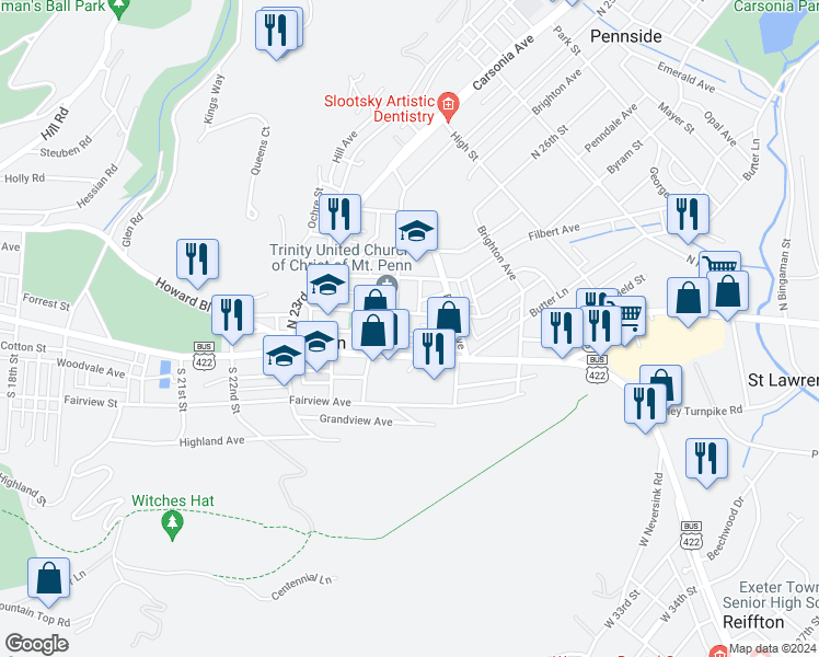 map of restaurants, bars, coffee shops, grocery stores, and more near 2513 Grant Street in Reading