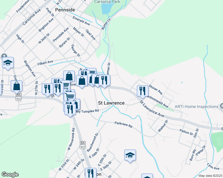 map of restaurants, bars, coffee shops, grocery stores, and more near 3200 Saint Lawrence Avenue in Reading