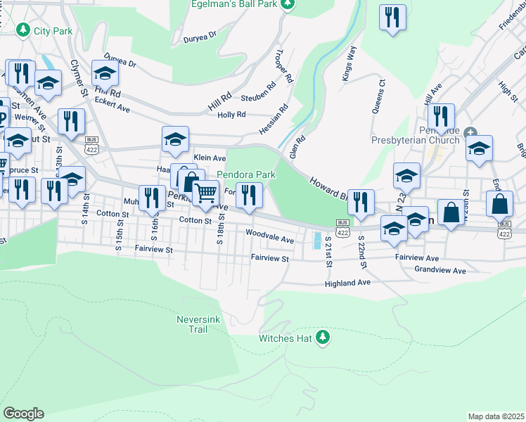map of restaurants, bars, coffee shops, grocery stores, and more near 1915 Perkiomen Avenue in Reading