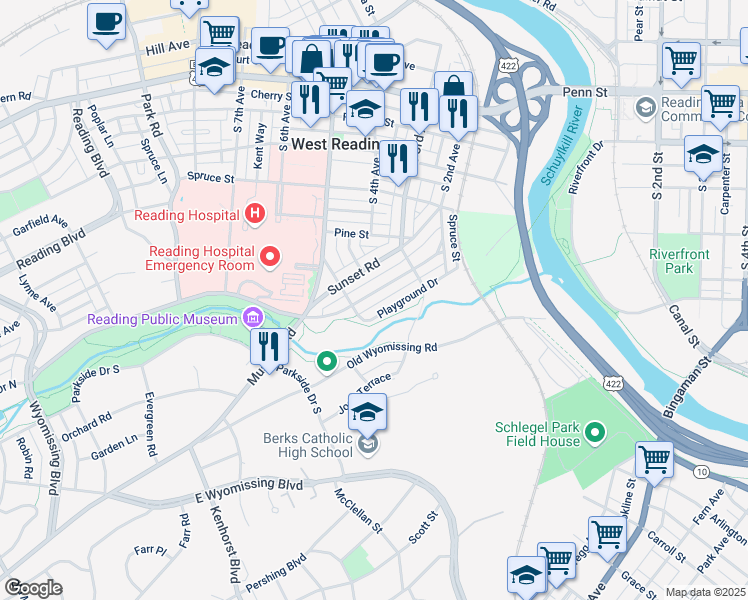 map of restaurants, bars, coffee shops, grocery stores, and more near 422 Sycamore Road in West Reading