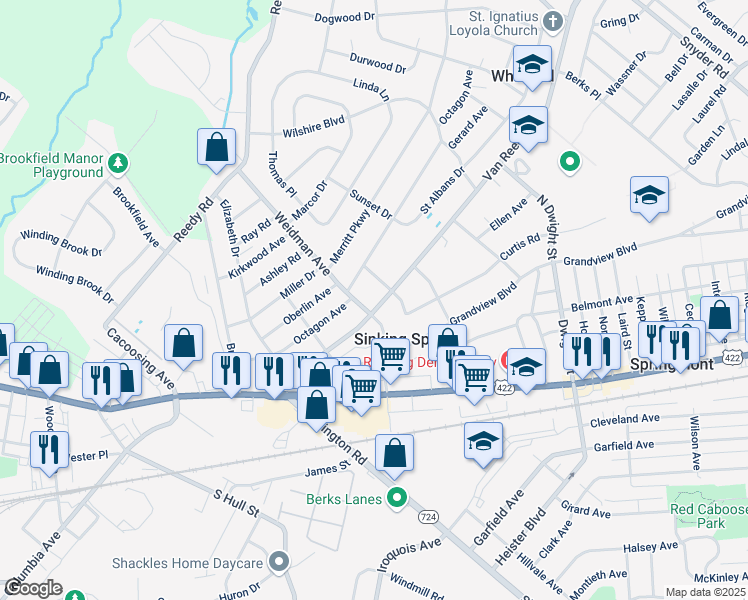 map of restaurants, bars, coffee shops, grocery stores, and more near 104 Thomas Place in Sinking Spring