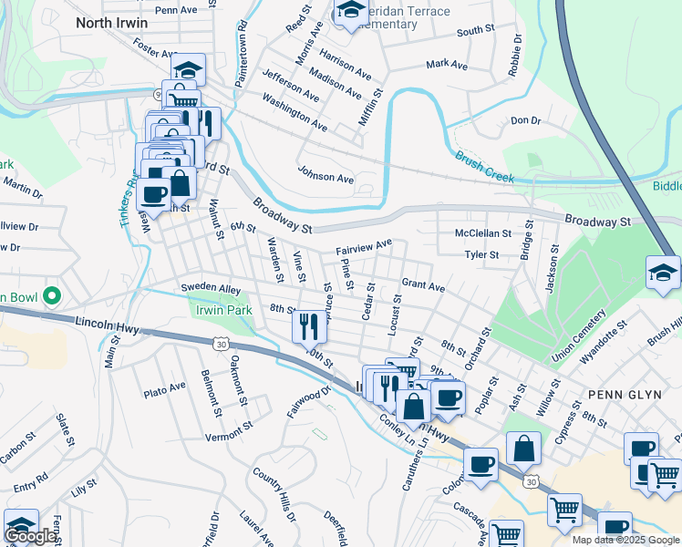 map of restaurants, bars, coffee shops, grocery stores, and more near 712 Pine Street in Irwin