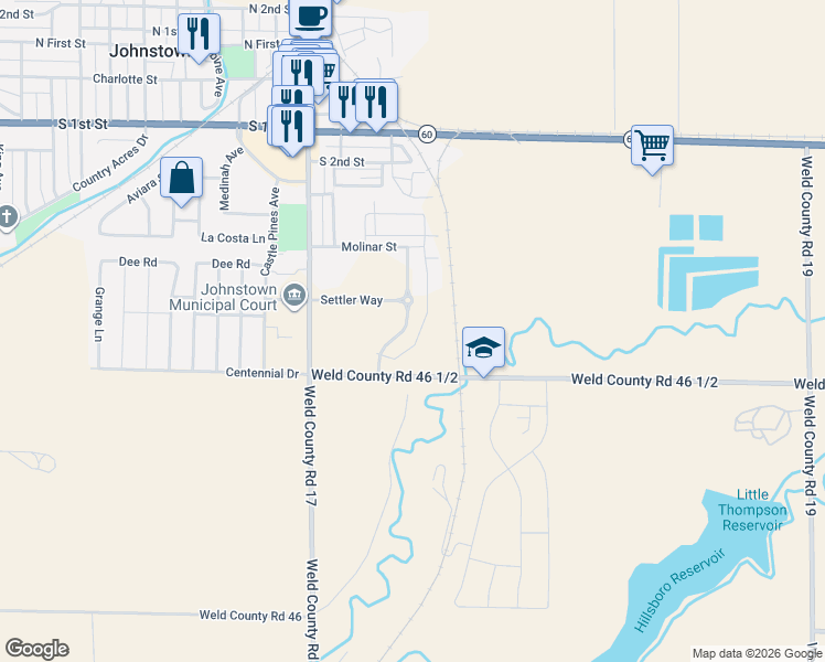 map of restaurants, bars, coffee shops, grocery stores, and more near 165 Settler Way in Johnstown