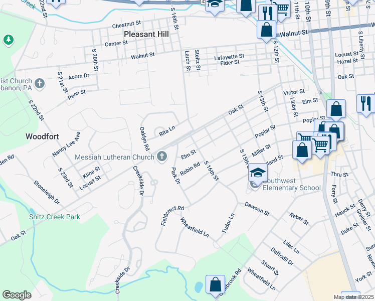 map of restaurants, bars, coffee shops, grocery stores, and more near 1617 Elm Street in Lebanon