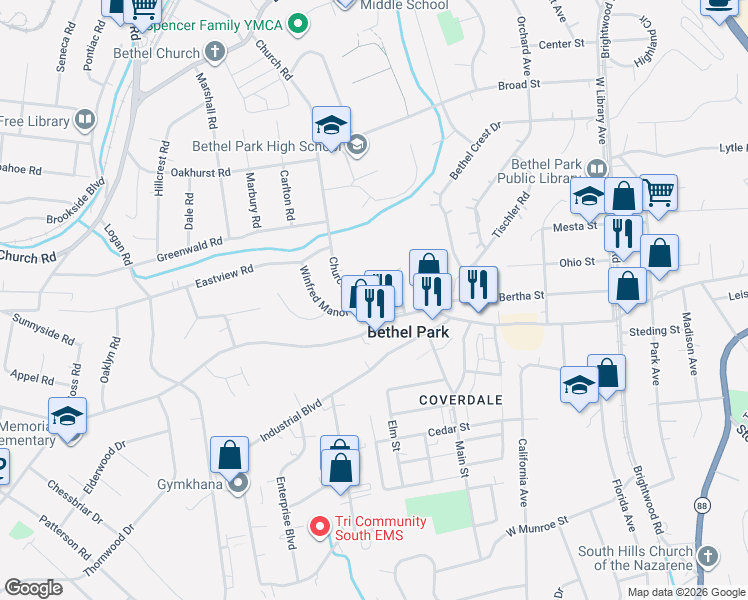 map of restaurants, bars, coffee shops, grocery stores, and more near 2940 Idaho Avenue in Bethel Park