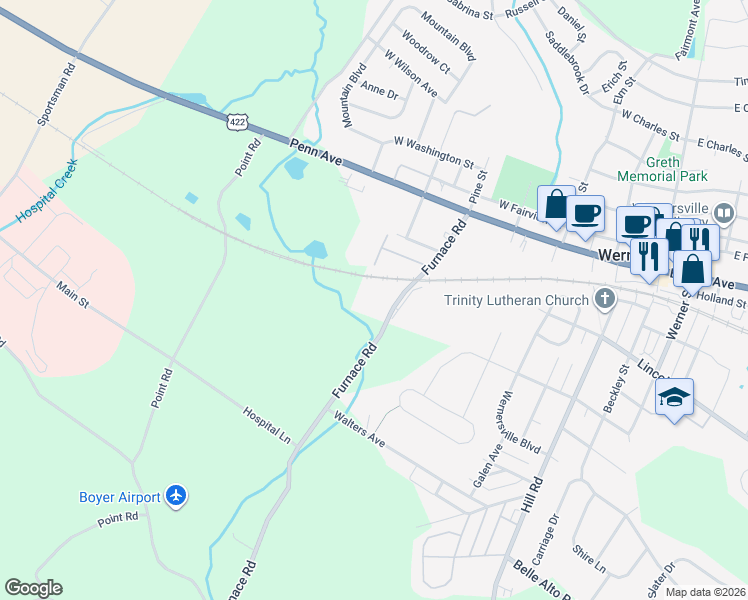map of restaurants, bars, coffee shops, grocery stores, and more near 200 Furnace Road in Birdsboro