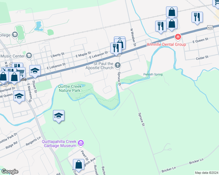 map of restaurants, bars, coffee shops, grocery stores, and more near 151 Woodside Court in Annville