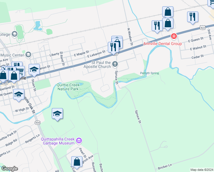 map of restaurants, bars, coffee shops, grocery stores, and more near 151 Woodside Court in Annville