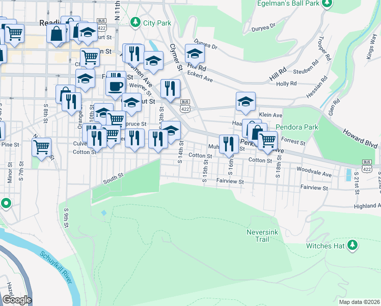 map of restaurants, bars, coffee shops, grocery stores, and more near 417 South 14th Street in Reading