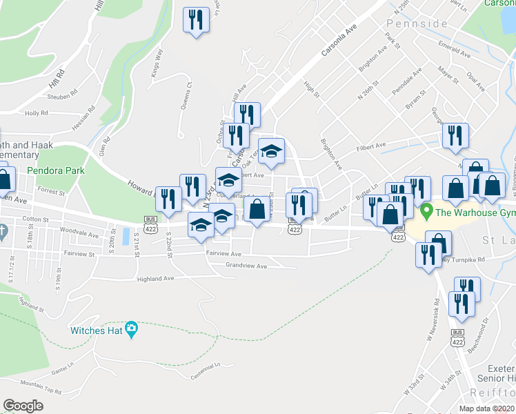 map of restaurants, bars, coffee shops, grocery stores, and more near 2443 Grant Street in Reading