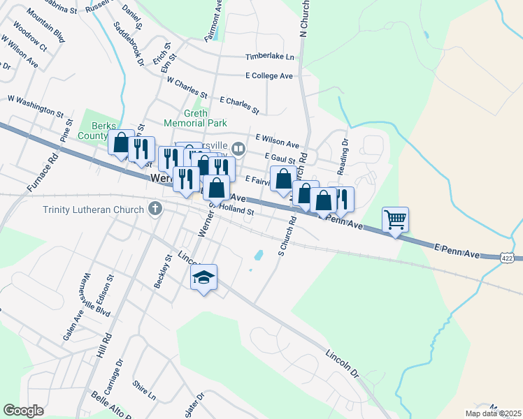 map of restaurants, bars, coffee shops, grocery stores, and more near 113R East Penn Avenue in Wernersville
