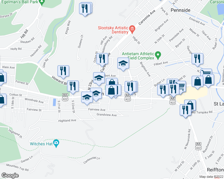 map of restaurants, bars, coffee shops, grocery stores, and more near 2445 Grant Street in Mount Penn