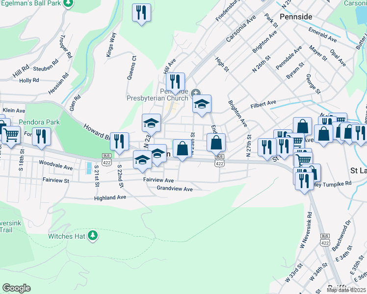 map of restaurants, bars, coffee shops, grocery stores, and more near 2450 Cumberland Avenue in Mount Penn
