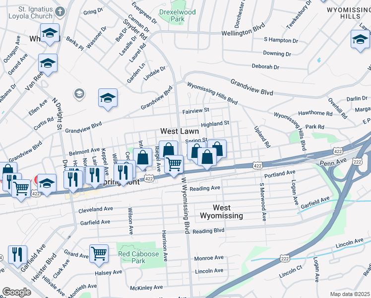 map of restaurants, bars, coffee shops, grocery stores, and more near 2300 Spring Street in West Lawn