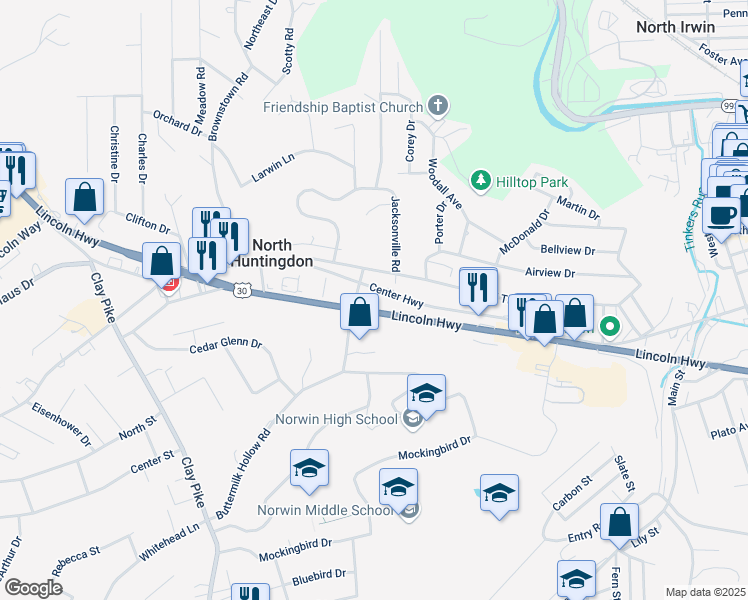 map of restaurants, bars, coffee shops, grocery stores, and more near 11052 Center Highway in Irwin