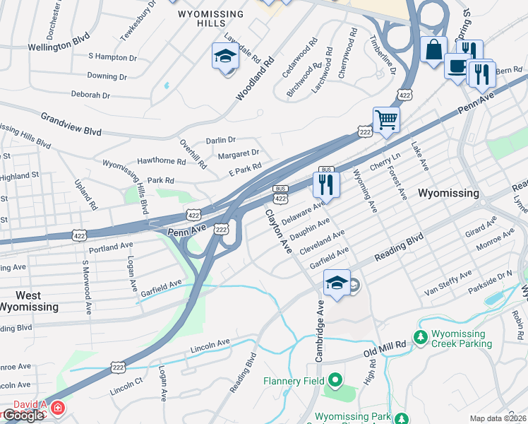 map of restaurants, bars, coffee shops, grocery stores, and more near 1702 Penn Avenue in Wyomissing