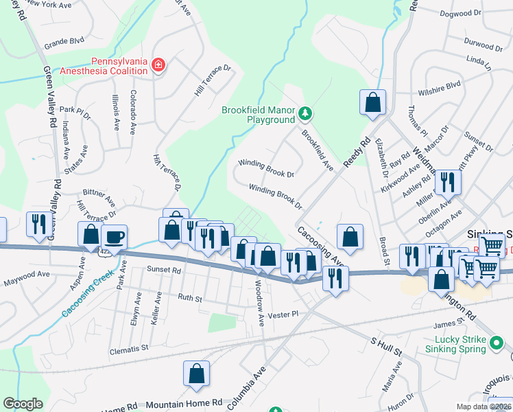 map of restaurants, bars, coffee shops, grocery stores, and more near 14 Winding Brook Drive in Sinking Spring