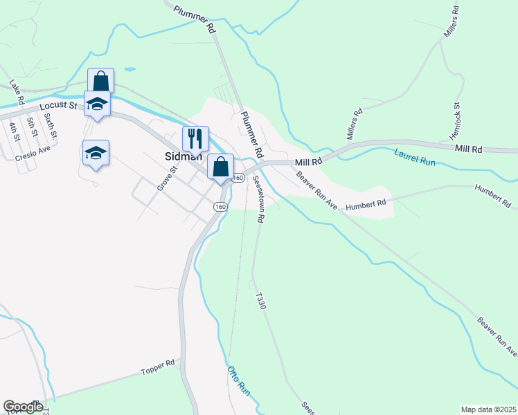 map of restaurants, bars, coffee shops, grocery stores, and more near 1260 Seesetown Road in Sidman