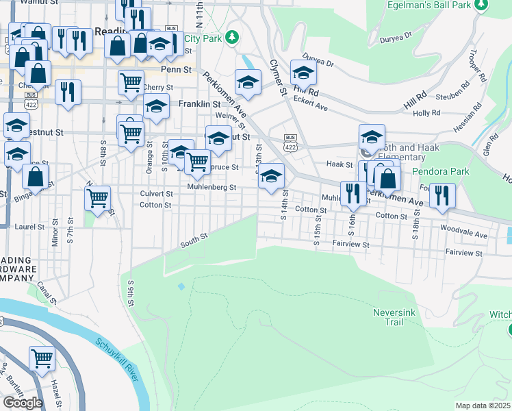 map of restaurants, bars, coffee shops, grocery stores, and more near 1273 Cotton Street in Reading