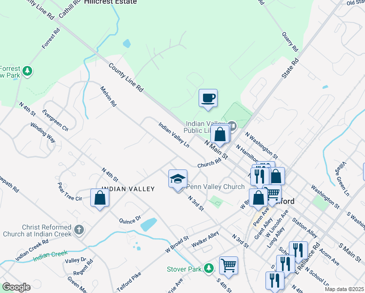 map of restaurants, bars, coffee shops, grocery stores, and more near 18 Indian Valley Lane in Telford