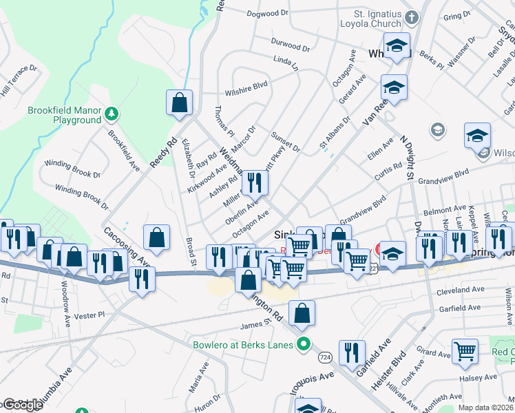 map of restaurants, bars, coffee shops, grocery stores, and more near 164 Oberlin Avenue in Sinking Spring