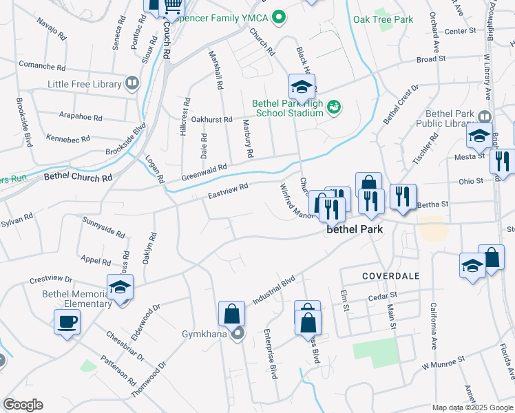 map of restaurants, bars, coffee shops, grocery stores, and more near 2979 Kings Mill Road in Bethel Park
