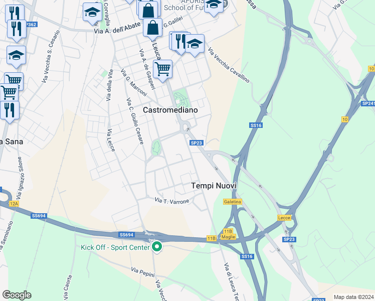 map of restaurants, bars, coffee shops, grocery stores, and more near SP23 in Castromediano