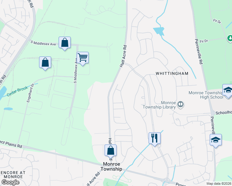 map of restaurants, bars, coffee shops, grocery stores, and more near 58 Westboro Lane in Monroe Township