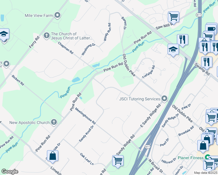 map of restaurants, bars, coffee shops, grocery stores, and more near 138 Sandy Knoll Drive in Doylestown