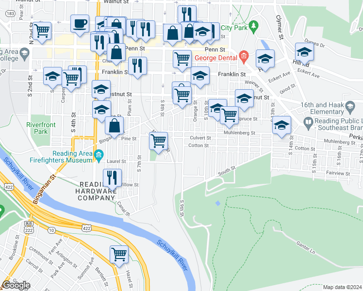 map of restaurants, bars, coffee shops, grocery stores, and more near 448 South 9th Street in Reading