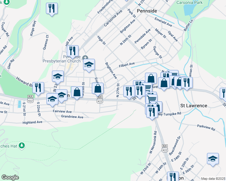 map of restaurants, bars, coffee shops, grocery stores, and more near 2616 Cumberland Avenue in Mount Penn