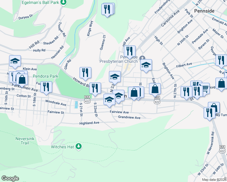 map of restaurants, bars, coffee shops, grocery stores, and more near 2306 Cumberland Avenue in Mount Penn
