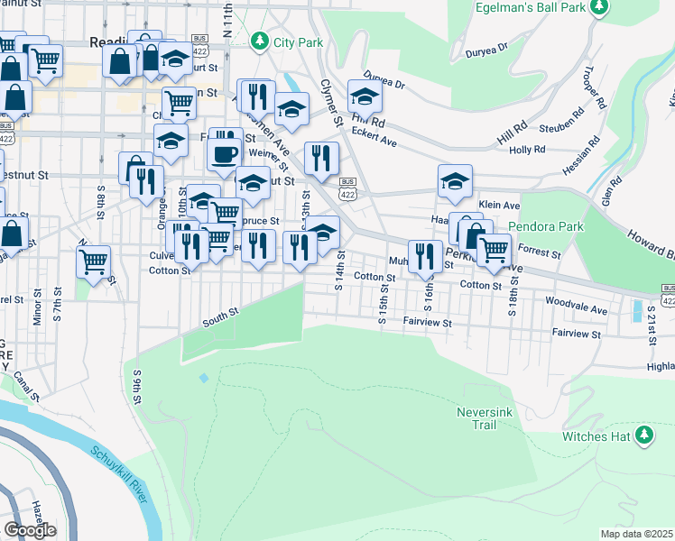 map of restaurants, bars, coffee shops, grocery stores, and more near 1371 Cotton Street in Reading