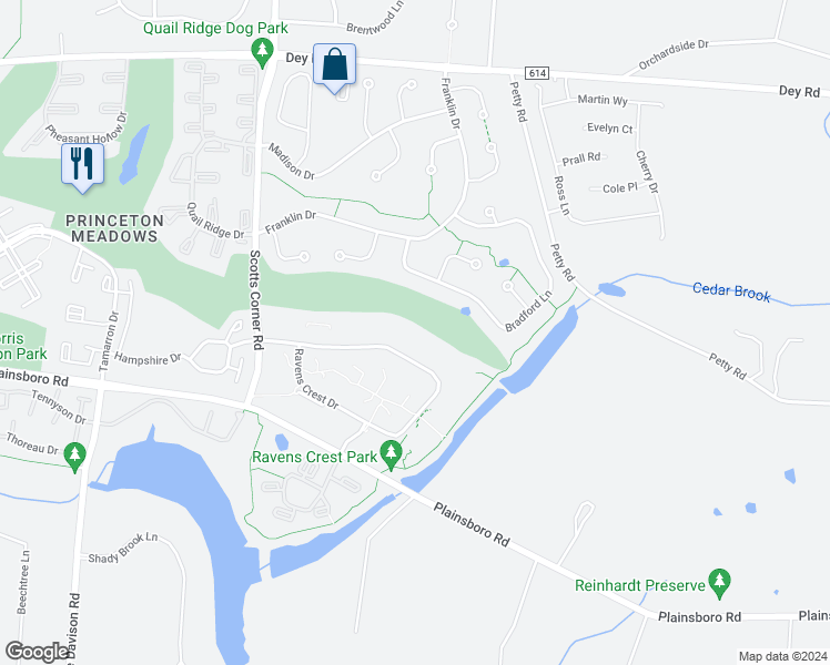 map of restaurants, bars, coffee shops, grocery stores, and more near 2215 Ravens Crest Drive in Princeton Meadows