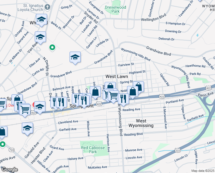 map of restaurants, bars, coffee shops, grocery stores, and more near 2335 Spring Street in West Lawn
