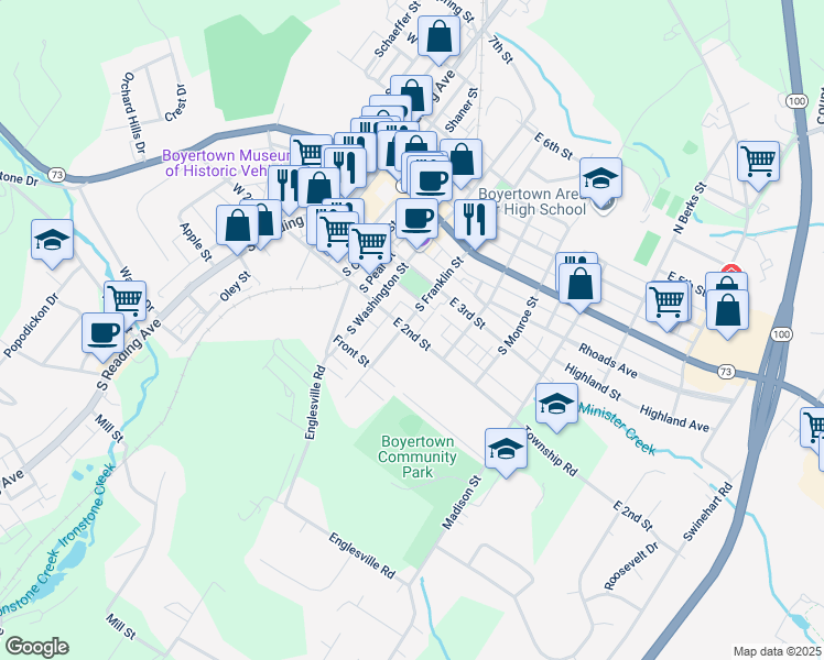 map of restaurants, bars, coffee shops, grocery stores, and more near 132 South Franklin Street in Boyertown