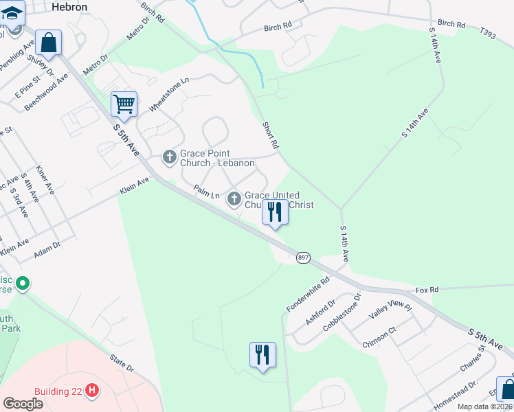 map of restaurants, bars, coffee shops, grocery stores, and more near 355 Timber Boulevard in Lebanon