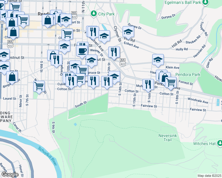 map of restaurants, bars, coffee shops, grocery stores, and more near 1313 Cotton Street in Reading