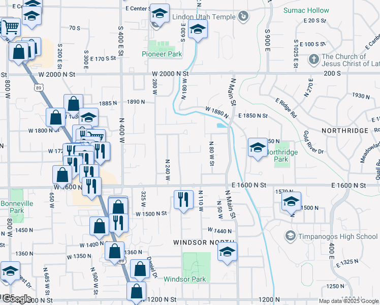 map of restaurants, bars, coffee shops, grocery stores, and more near 172 West 1720 North Street in Orem
