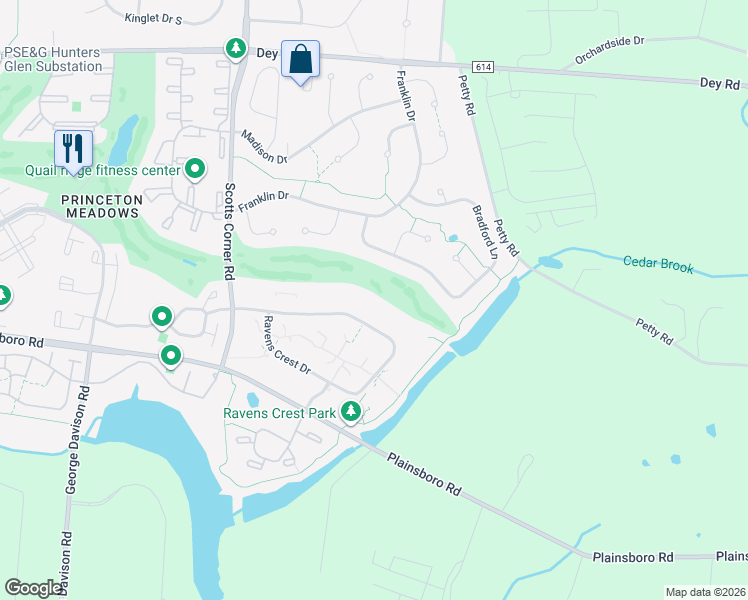 map of restaurants, bars, coffee shops, grocery stores, and more near 2224 Ravens Crest Drive in Princeton Meadows