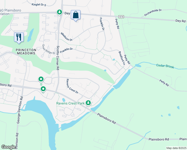 map of restaurants, bars, coffee shops, grocery stores, and more near 2224 Ravens Crest Drive in Princeton Meadows